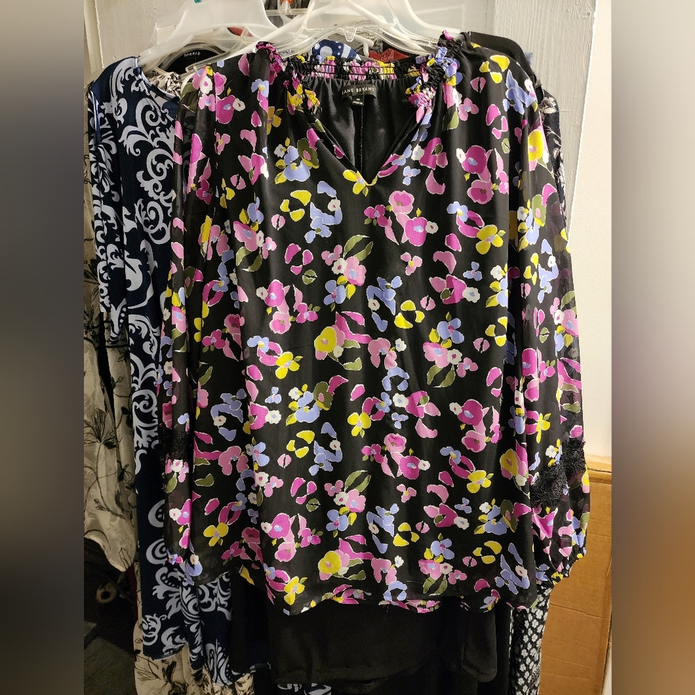 Lane Bryant Black Blouse with Pink and Yellow Floral